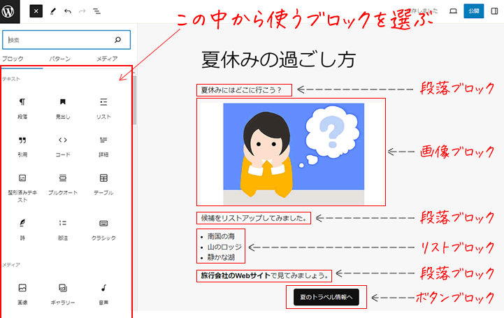 ブロックエディタでの編集画面