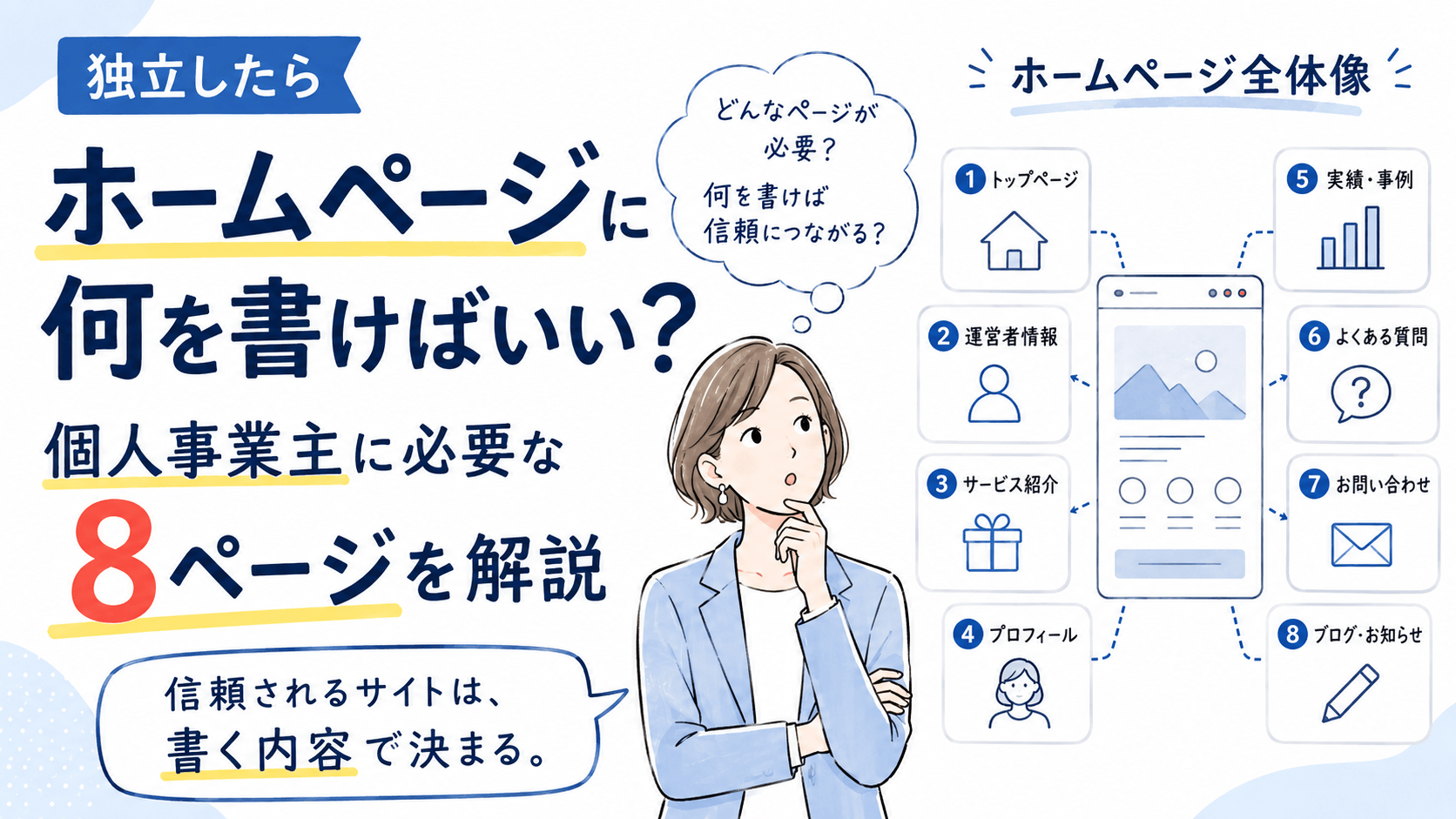 独立したらホームページに何を書けばいい？個人事業主に必要な8ページを解説